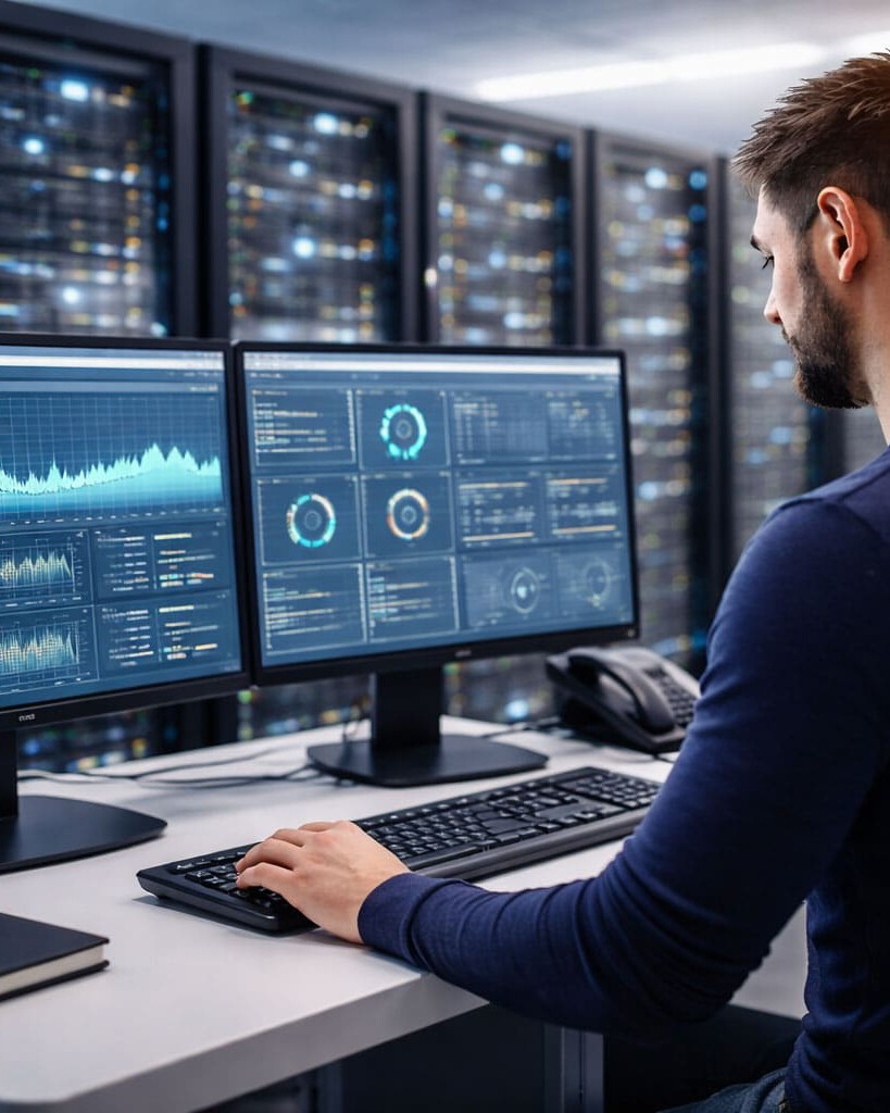 IT-Techniker überwacht Server und Systeme im Rechenzentrum