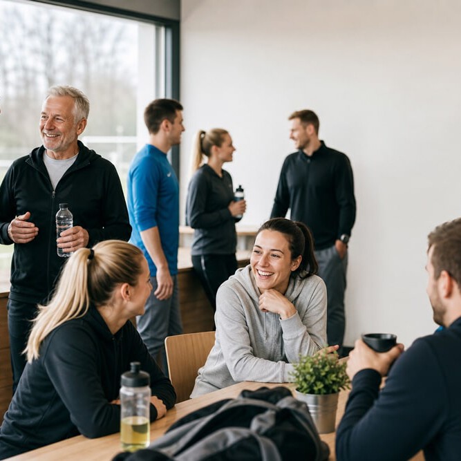 Mitglieder eines Sportvereins im freundlichen Austausch in einer gemeinschaftlichen Vereinssituation
